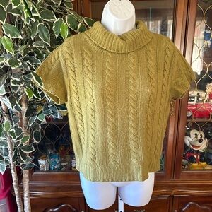 Short Sleeve Green 100% Cashmere Loose Knit Cable Mock Neck Mendocino Sweater L